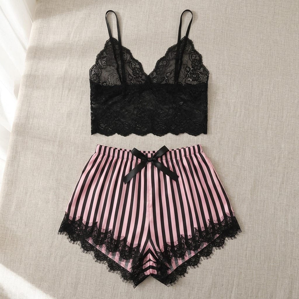 the luna satin lace cami set candy stripe Black Stripe flat