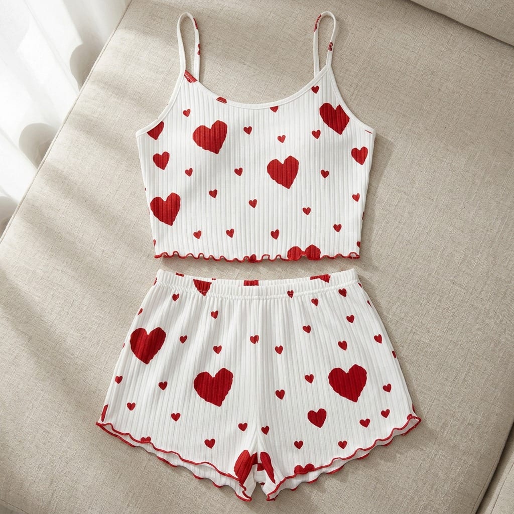 the viola ribbed cami set red hearts White flat