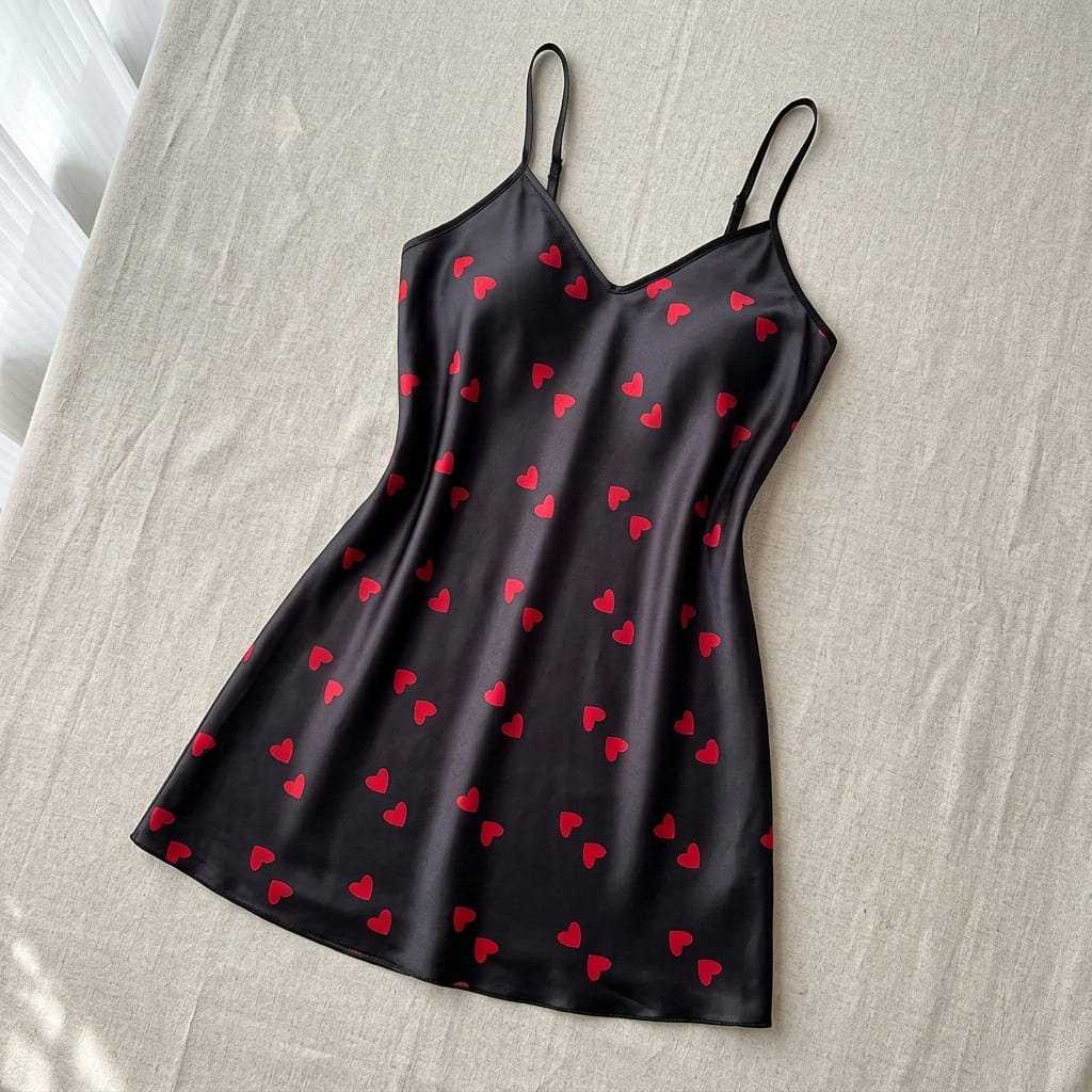 the luna satin slip dress heart print Black flat