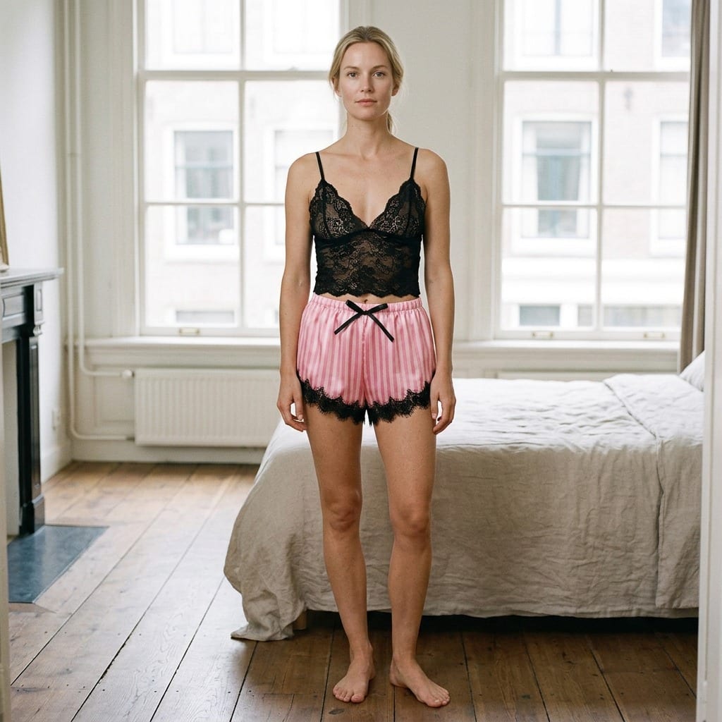 the luna satin lace cami set candy stripe Black Stripe model full