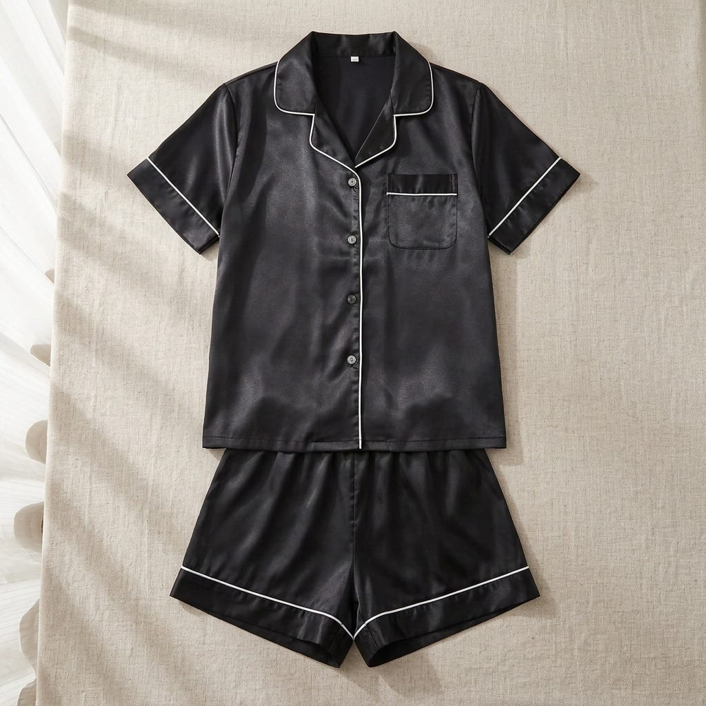 the luna satin short pajama set Black flat