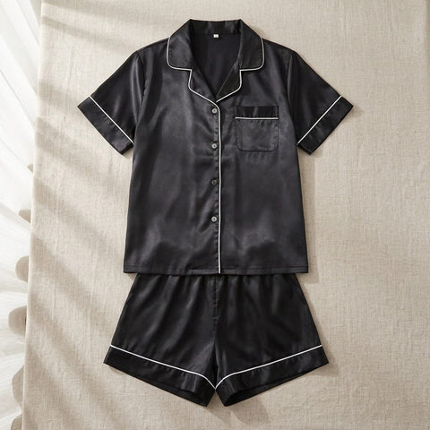 the luna satin short pajama set Black flat