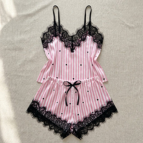 the luna satin lace cami set candy stripe Candy Stripe flat