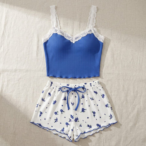the viola ribbed cami set cobalt floral Cobalt flat