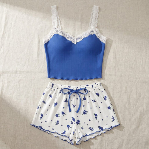 the viola ribbed cami set cobalt floral Cobalt flat