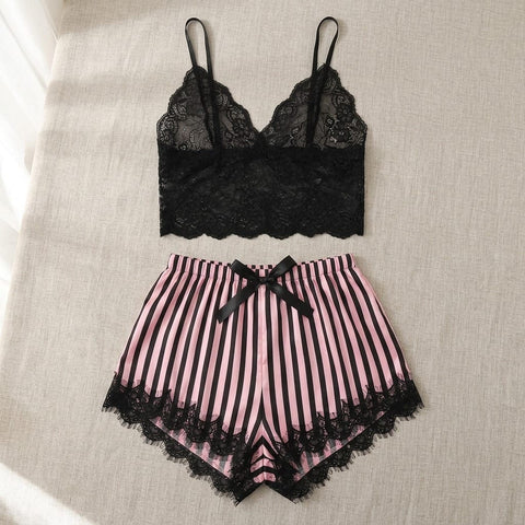 the luna satin lace cami set candy stripe Black Stripe flat