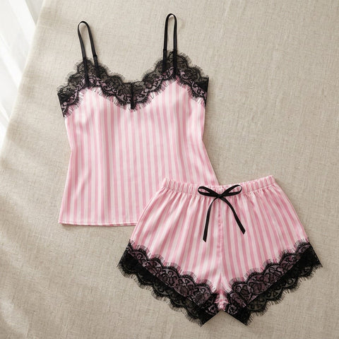 the luna satin lace cami set rose stripe Rose Stripe flat