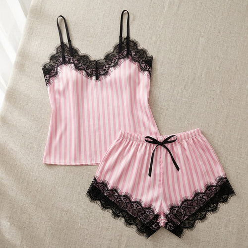 the luna satin lace cami set rose stripe Rose Stripe flat