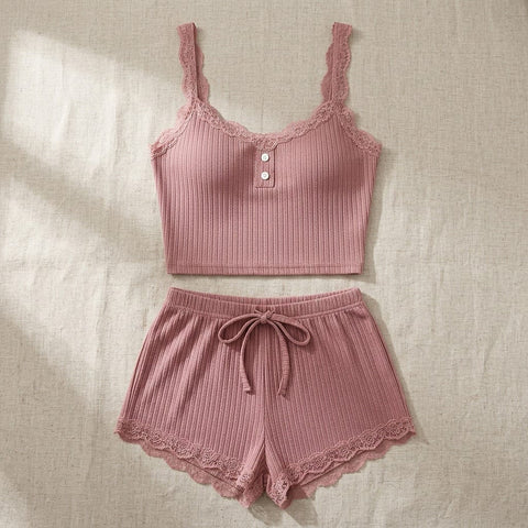 the viola ribbed lace cami set Dusty Rose flat