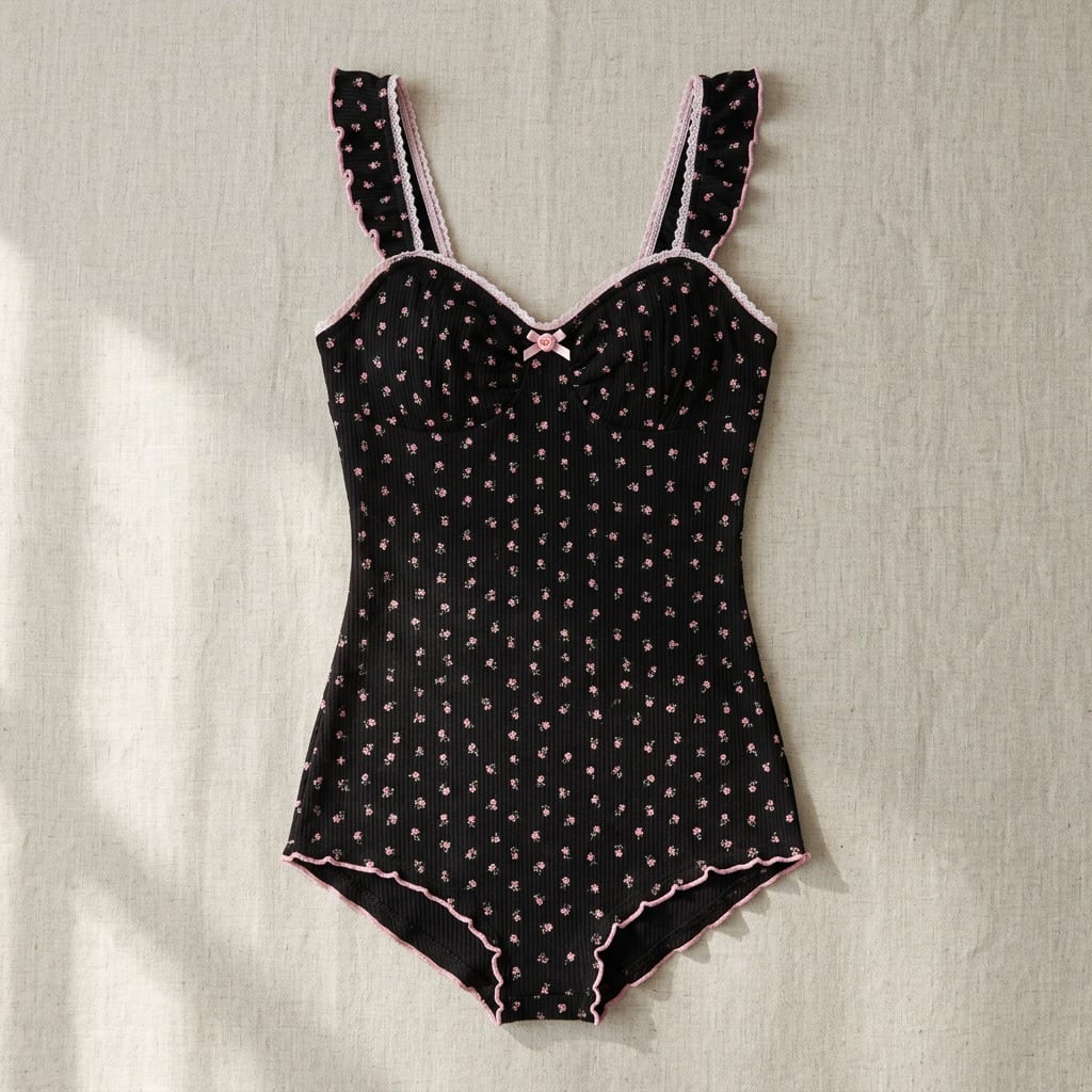 the viola ribbed sleep romper black floral Black flat