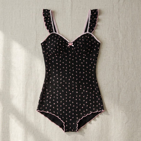 the viola ribbed sleep romper black floral Black flat