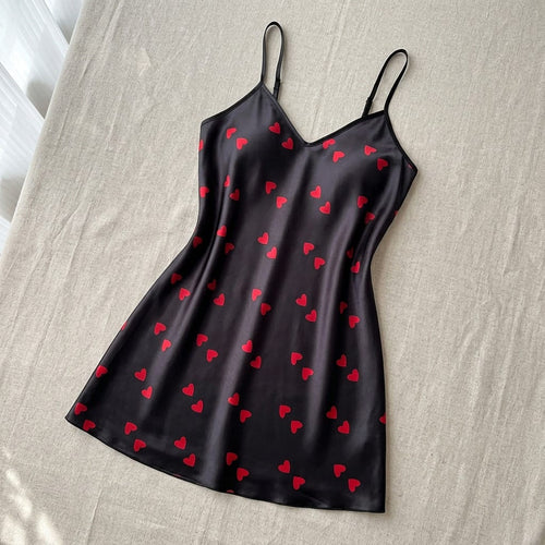 the luna satin slip dress heart print Black flat