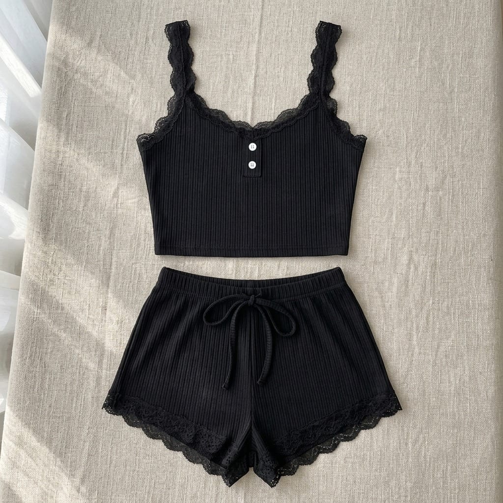 the viola ribbed lace cami set Black flat