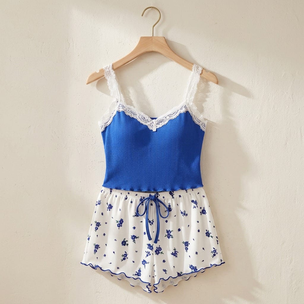 the viola ribbed cami set cobalt floral Cobalt hanger