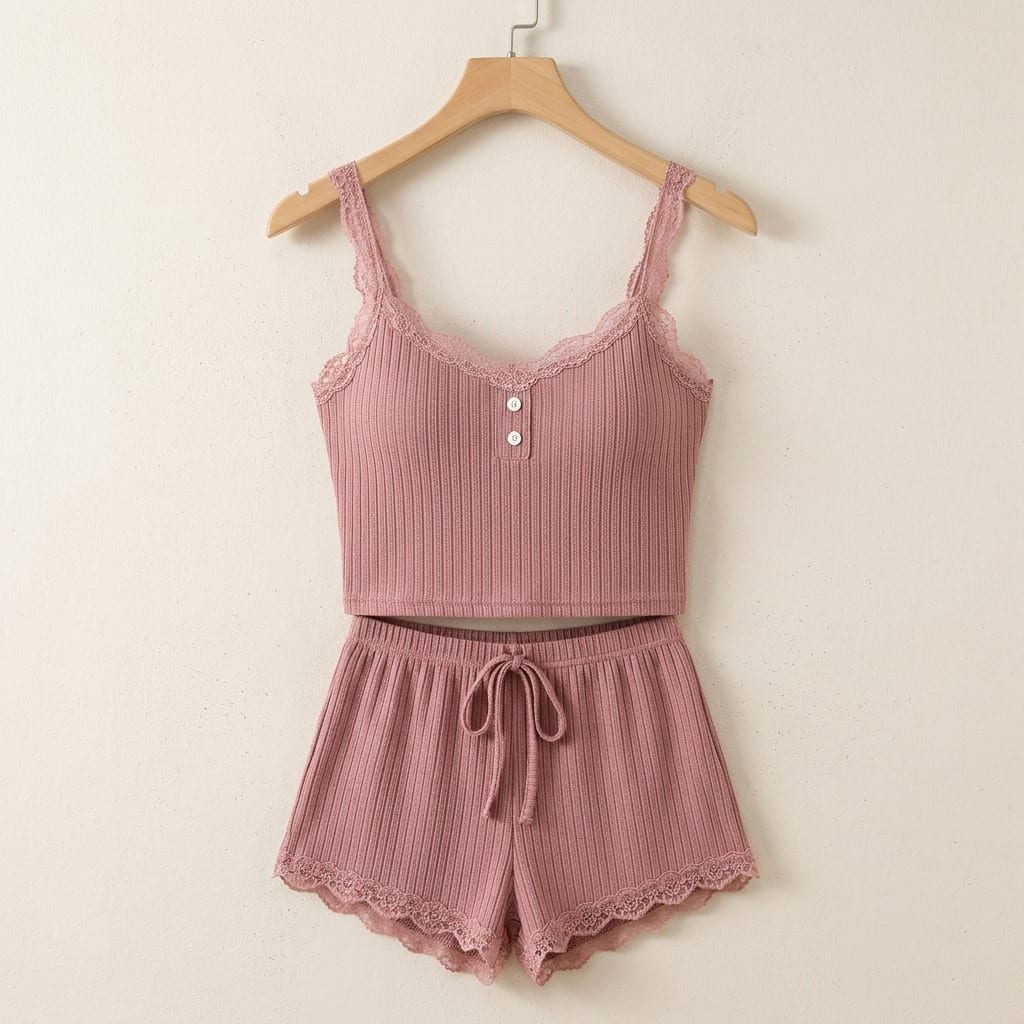 the viola ribbed lace cami set Dusty Rose hanger