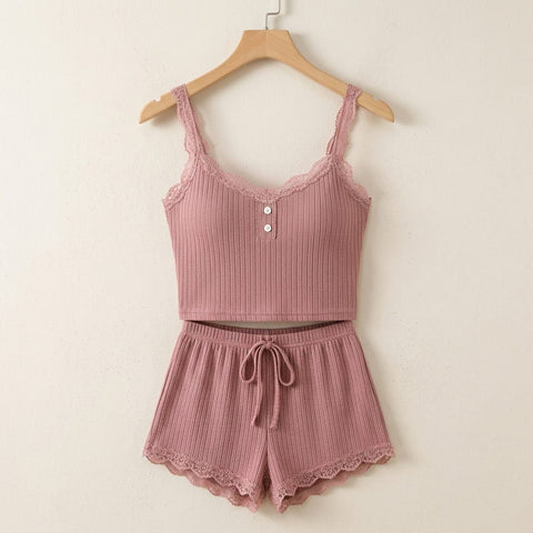 the viola ribbed lace cami set Dusty Rose hanger