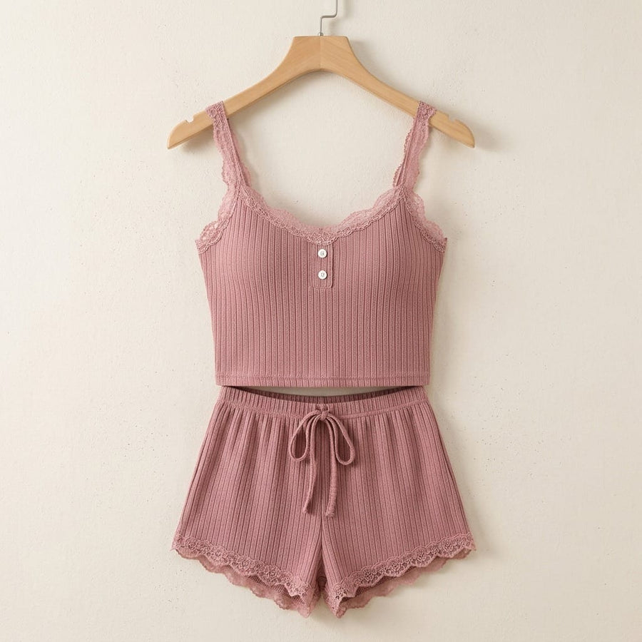 the viola ribbed lace cami set Dusty Rose hanger